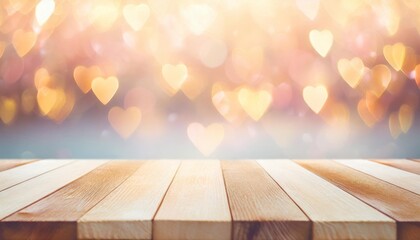 Naklejka na ściany i meble valentine s day themed background with an empty pastel color wooden table for product display abstract background with bokeh defocused lights