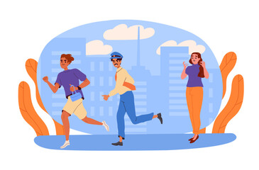 Man stole bag concept. Criminal at street run from policeman. Sad woman with thief. Burglar at urban street. Bandit with handbag. Cartoon flat vector illustration isolated on white background