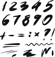 Hand draw numbers and signs, handwriting calligraphy marks