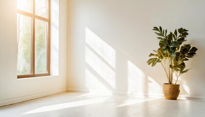 Fototapeta na wymiar bright empty white room with sun light coming through large window shadow on the wall plant in a pot in the corner abstract interior background