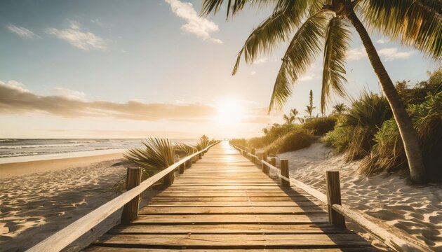 wooden boardwalk on beach with sunny sky and palm leaves abstract travel background