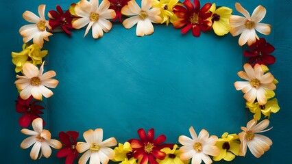 Capture Top view of floral frame lovely flowers petals on vintage turquoise
