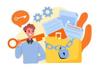 Man open folder concept. Young guy near documents and files. Electronic information in storage or archive. Safety and security with log in and password. Cartoon flat vector illustration