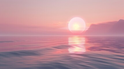 A peaceful ocean scene at sunset, with soft pink hues reflecting off the calm waters and a tranquil atmosphere.