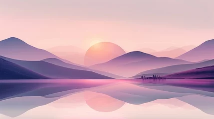Zelfklevend Fotobehang A stunning landscape featuring a mountain lake at sunrise, with perfect reflections and a gentle pastel color palette. © Riz