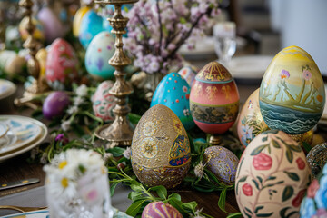 decorated Easter eggs displayed on a beautifully arranged table