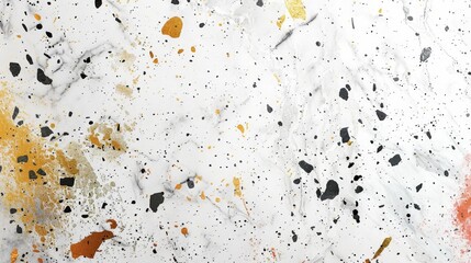 A playful and modern terrazzo-inspired confetti composition, featuring golden glitter and colorful stone textures scattered on a neutral background.