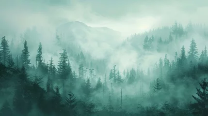 Deurstickers A lush green foliage forefront with a mysterious misty forest background, capturing the tranquil essence of a misty morning in a serene woodland setting. © Riz