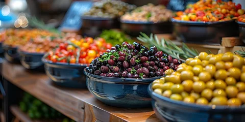 Poster Variety of colorful olives in bowls sold on market, healthy, nutritious produce on marketplace © Rando