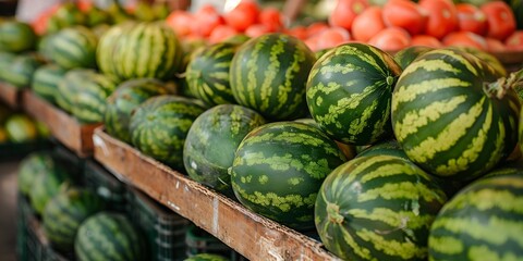 Large watermelons sold at the local market - obrazy, fototapety, plakaty