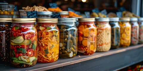 Jars of pickled vegetables sold on market stall, marketplace for healthy nutritious veggies
