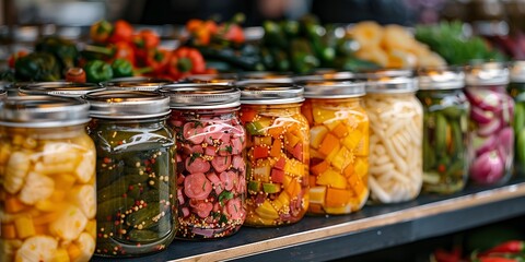Various types of healthy and nutritious homemade marinated vegetables in jars are sold on the local market - obrazy, fototapety, plakaty