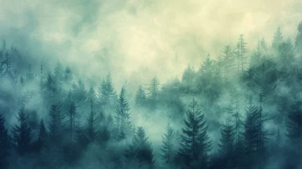 Foto op Canvas A lush green foliage forefront with a mysterious misty forest background, capturing the tranquil essence of a misty morning in a serene woodland setting. © Riz