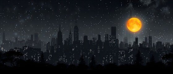 A silhouette of a mega-city at night with the moon shining brightly in the sky - obrazy, fototapety, plakaty