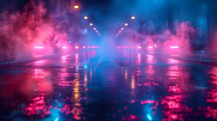 Fototapeta na wymiar Neon lights reflecting off a wet asphalt, smoke rising up from the ground, empty street lit with street lights and neon lights