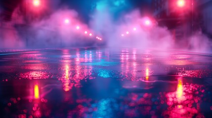 Glowing neon lights reflecting off a wet city street, colorful reflections giving an atmospheric vibe