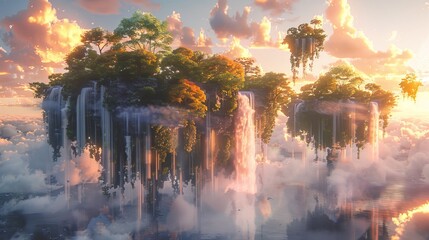 A fantastical and dreamlike cloudscape depicting floating islands with lush greenery and cascading waterfalls, set against a dramatic sky.