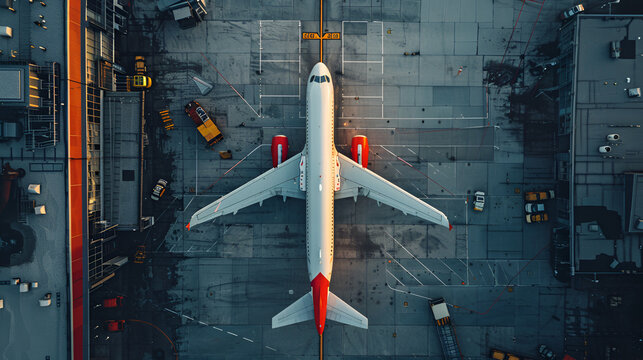 Aircraft model on black background, Flat lay design of travel concept with plane and cloud on blue background with copy space, Aerial view of narrow body aircraft departing airport runway. Top down vi