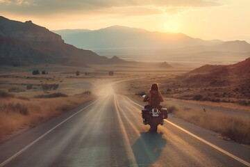 A motorcyclist riding into the distance on a desolate highway with scenic mountains and sun setting in the background - obrazy, fototapety, plakaty