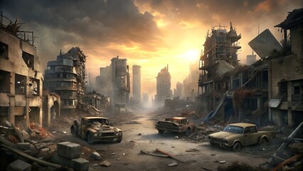 Post Apocalyptic Ruined City, Destroyed Buildings, Burnt-Out Vehicles, Ruined Roads - obrazy, fototapety, plakaty