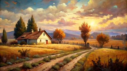 Warm Tone Rustic Landscape Country Farmhouse Painting Print