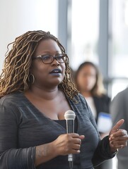 An enthusiastic black woman giving a lecture about gender equality and social justice in a conference