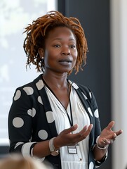 A middle-aged black businesswoman speaking in an auditorium at a seminar or corporate event