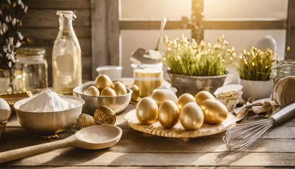 Gartenposter easter baking background with eggs and kitchen utensils on wooden table © Kira