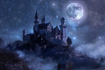 The Castle's Towering Splendor Beneath the Full Moon - obrazy, fototapety, plakaty