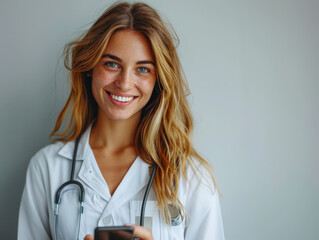 Sorridente, giovane e piacevole terapista medico di medicina generale in uniforme bianca che utilizza il telefono cellulare per videochiamare un paziente - obrazy, fototapety, plakaty