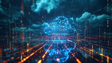 Backup day world cloud technology smartphone. blue cloud hovers in the futuristic cityscape at midnight, transforming the landscape into a mesmerizing event of water and electricity