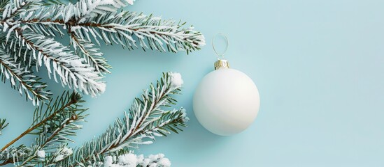 Fototapeta na wymiar Minimal Christmas concept with a snowy fir branch and white ornament. Flat lay horizontal composition on a pastel blue background, featuring a top view with empty space for writing.
