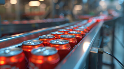 Close-up of Soda Cans on a Conveyor Belt in a Soda Beverage Factory