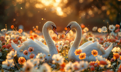 Wedding themed photo of two beautiful swans outdoor in a  green park and they are carrying golden ring