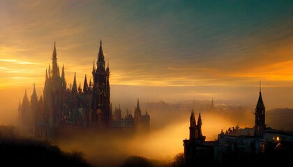 a dark gothic city with mist at night - obrazy, fototapety, plakaty