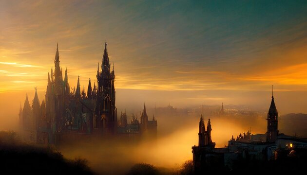 a dark gothic city with mist at night