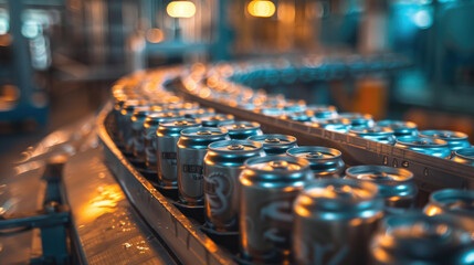 Close-up of Soda Cans on a Conveyor Belt in a Soda Beverage Factory