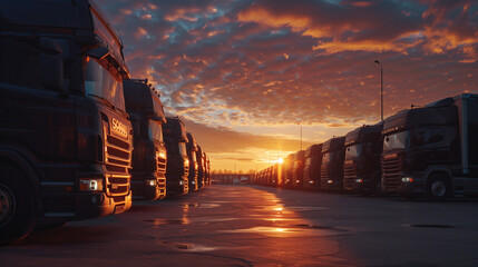 "Sunset Convoy Rest"
A line of parked trucks basks in the warm glow of the setting sun, heralding the end of a long haul across the open road.