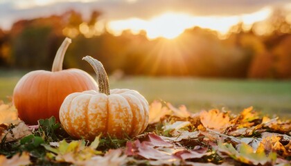 autumn background with pumpkins and leaves copy space