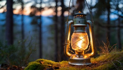 vintage gasoline oil lantern lamp burning with a soft glow light in a dark forest with a blur natural background - obrazy, fototapety, plakaty