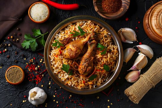 Delicious Mandhi Rice: Top View of Arabic Cuisine with a Black Background Decorated with Spices
