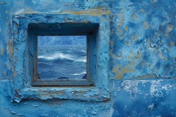 Old blue wooden house framed window
