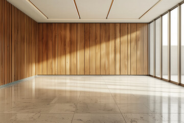 Minimalist empty room with wood pattern wall