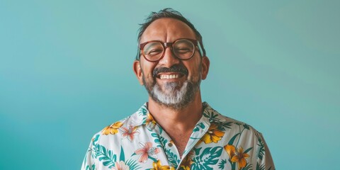 Central American Man Smiling in Floral Shirt - obrazy, fototapety, plakaty
