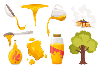 Maple syrup icon set. Product in bottle, droplet and flowing nectar. Tree, syrup in a glass jar and pancakes. Natural design elements, fresh and tasty isolated on white background