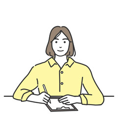 書類を書いている女性のシンプルなイラスト　白バック、白背景、背景なし、ベクター素材