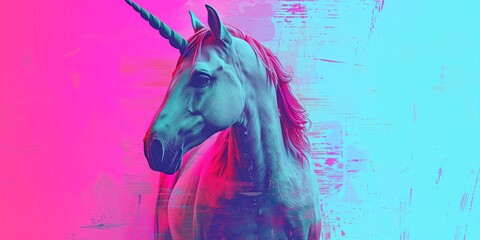 A striking pop-art portrayal of a unicorn, blending minimalist style with bold neon colors in a modern, hipster interpretation - obrazy, fototapety, plakaty