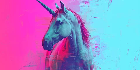 Keuken spatwand met foto A striking pop-art portrayal of a unicorn, blending minimalist style with bold neon colors in a modern, hipster interpretation © Dan