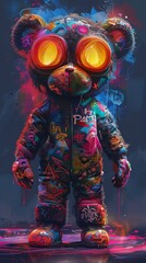 Dark, whimsical hip hop monster, teddy bearlike with large chibi eyes, neon graffiti, photorealistic and colorful