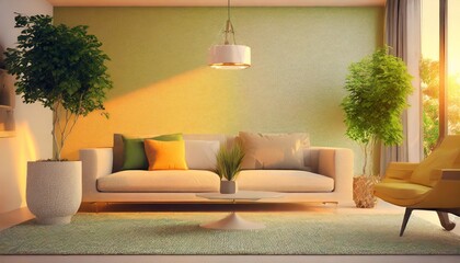 beautiful living room showcase interior design backdrop cosy comfort sofa with natural color scheme with simple decorating items and treepot easy lifestyle house ideas design background - obrazy, fototapety, plakaty